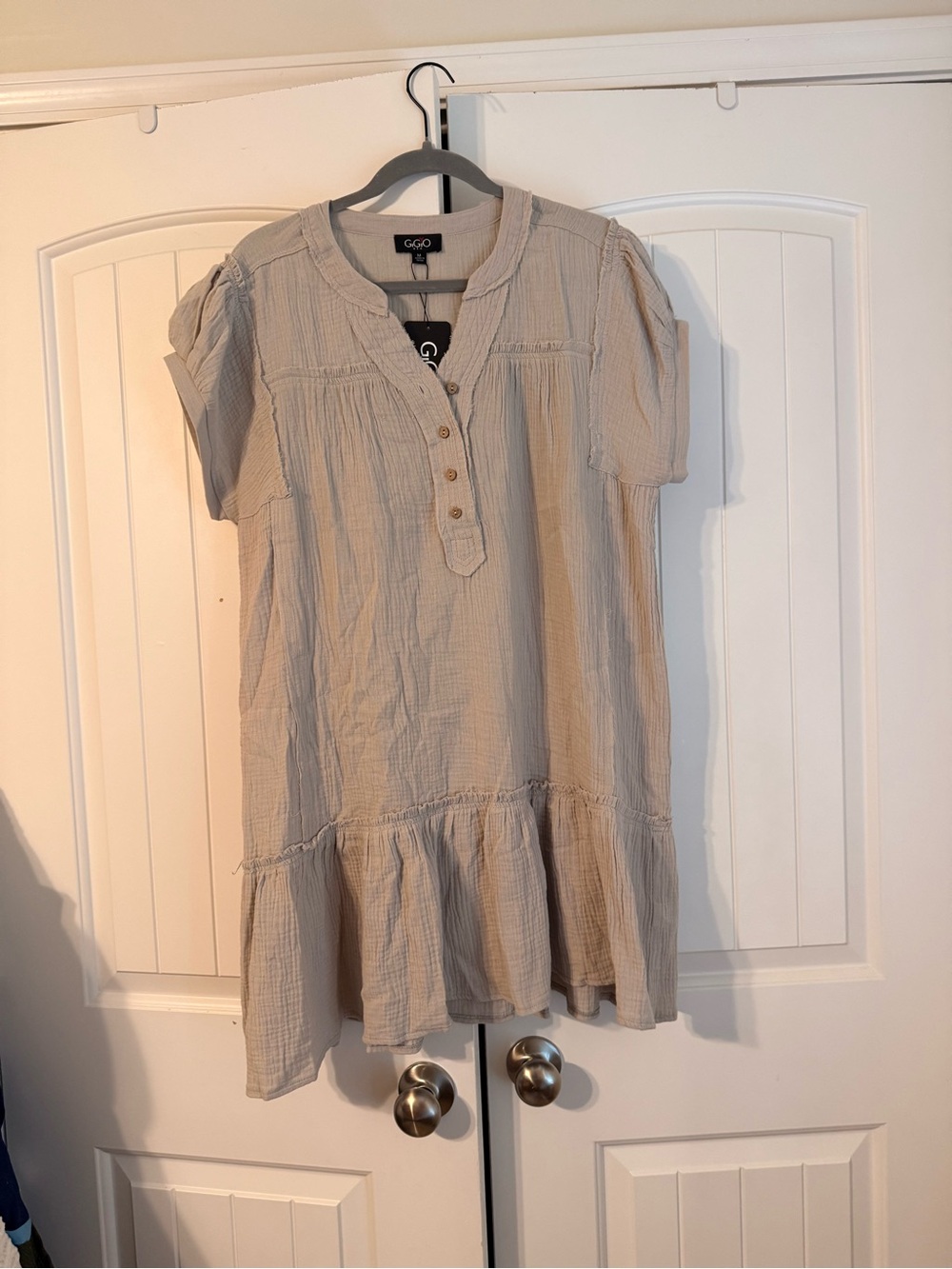 Women's Cream Short-Sleeve Tiered Mini Dress 100% cotton - Picture 3 of 5